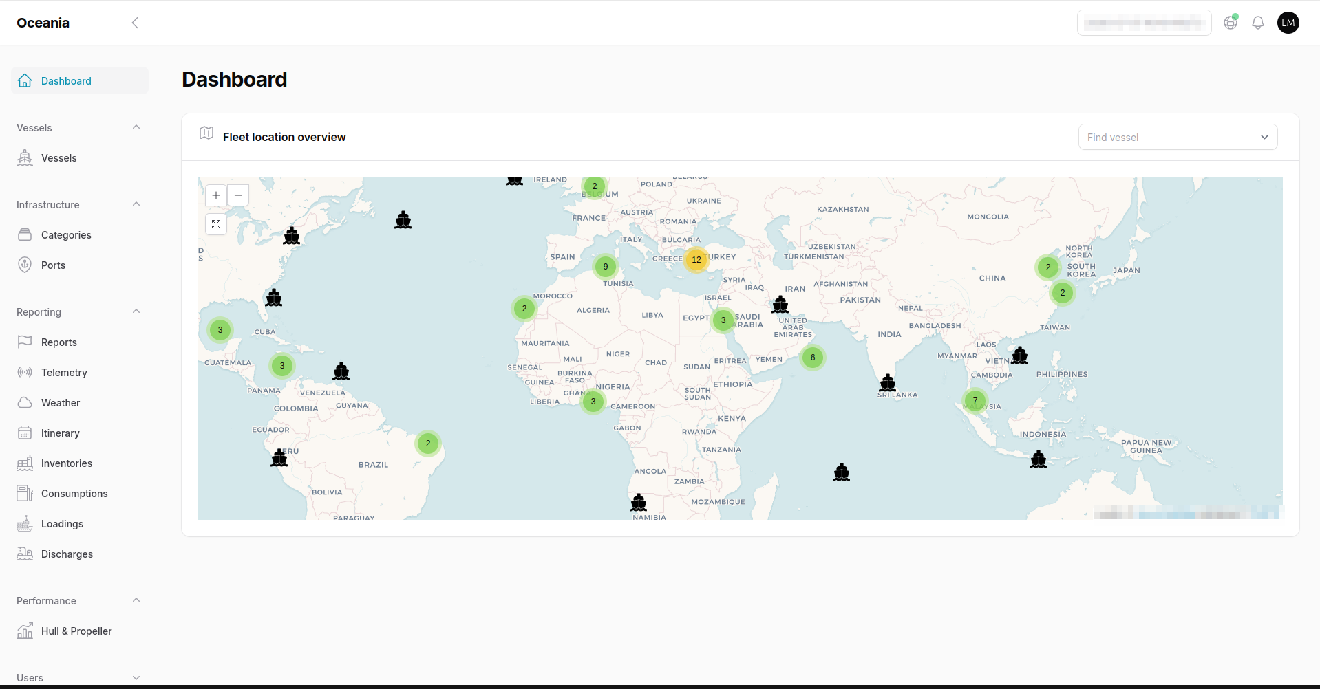 Oceania fleet location overview with live vessel positions on a world map